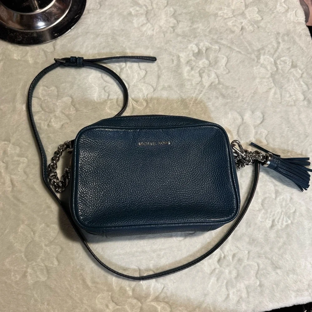Michael kors Ginny teal pebbled leather camera bag crossbody silver hardware
